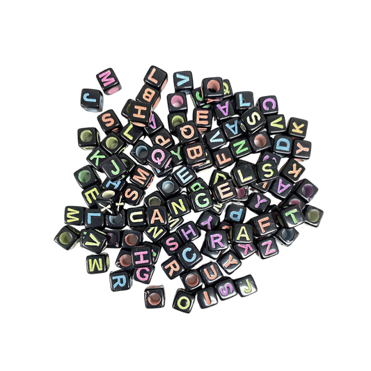 Alphabet Cube Beads – Black with Multicolored Letters