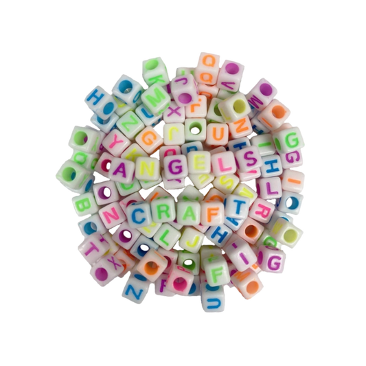 Alphabet Cube Beads – White with Neon Letters
