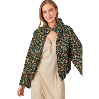 Floral Print Snap Button Puff Jacket