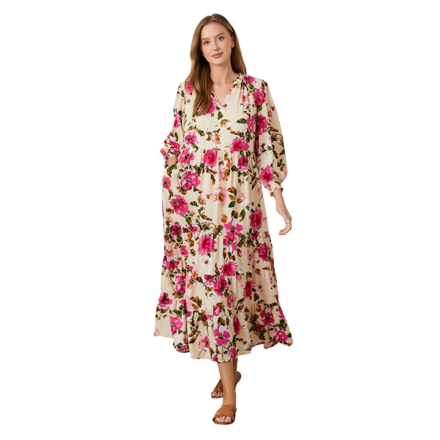 Floral Print Tiered Maxi Dress - Peach Multi