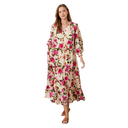 Floral Print Tiered Maxi Dress - Peach Multi