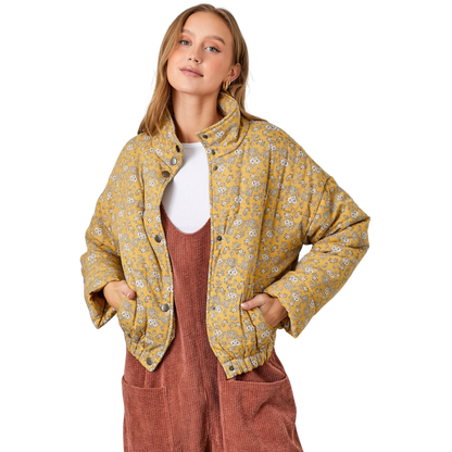 Floral Print Snap Button Puff Jacket