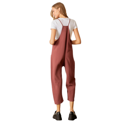 Textured Woven Pocket Front Overalls - Mahogany