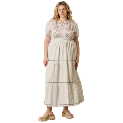 Embroided Floral Print Maxi Tiered Dress