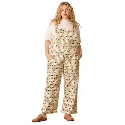 Printed Stripe Floral Pattern Overall - Cream/Black