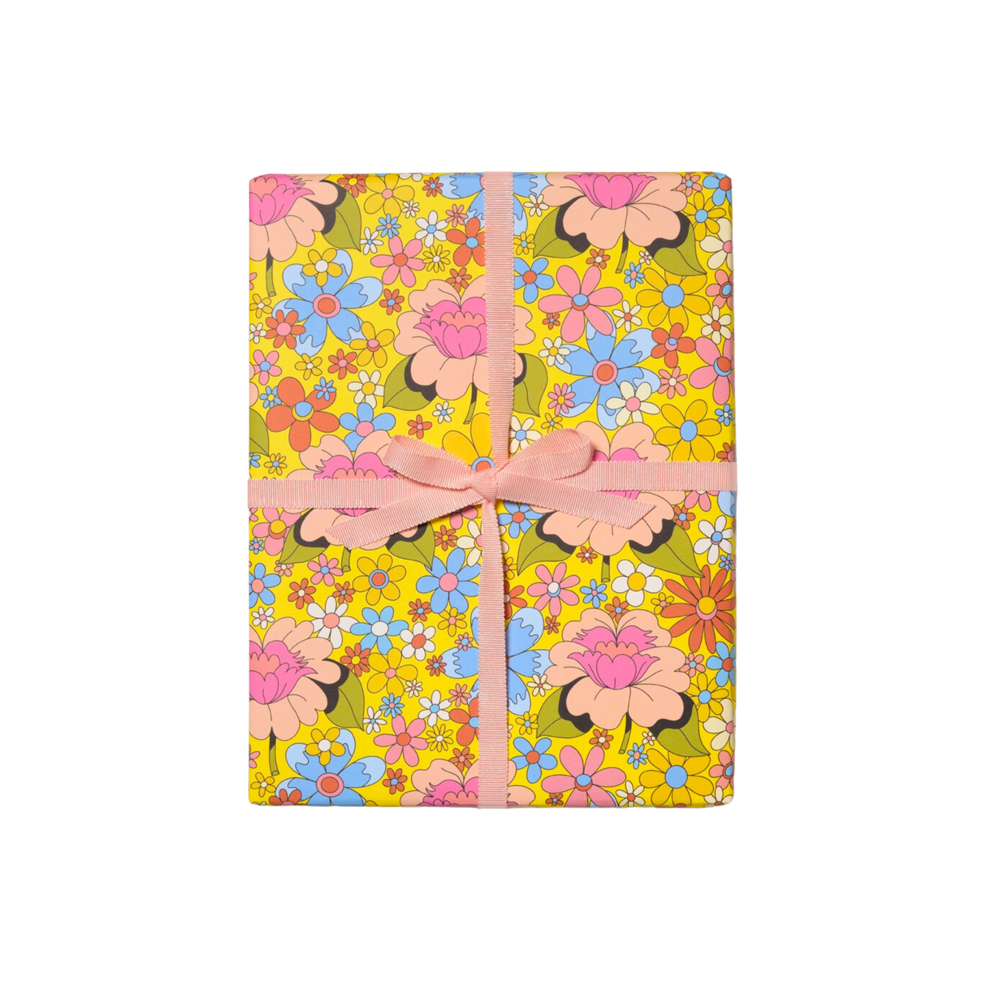 Colorful retro floral wrapping paper. Wrapped gift with Pink Bow