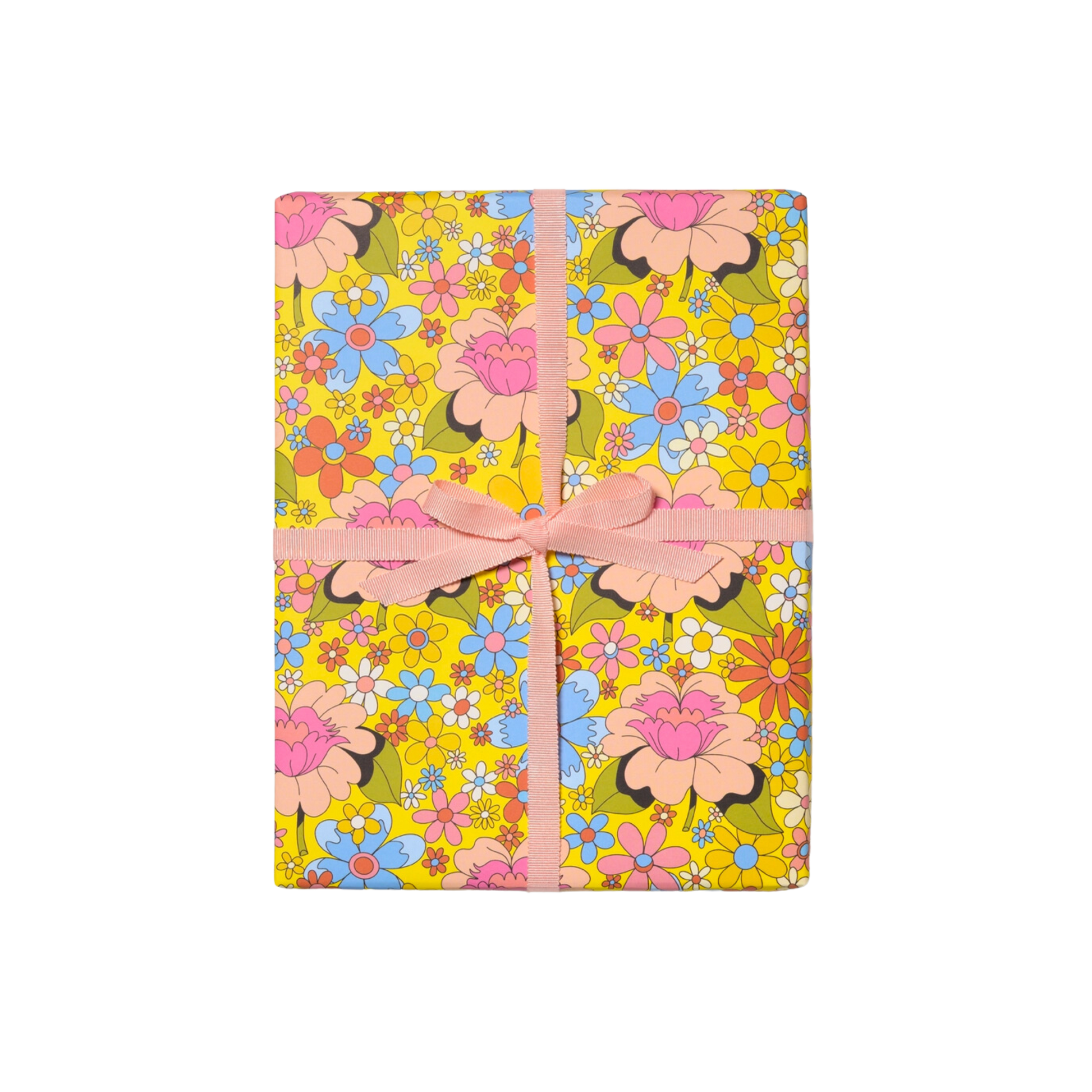 Colorful retro floral wrapping paper. Wrapped gift with Pink Bow