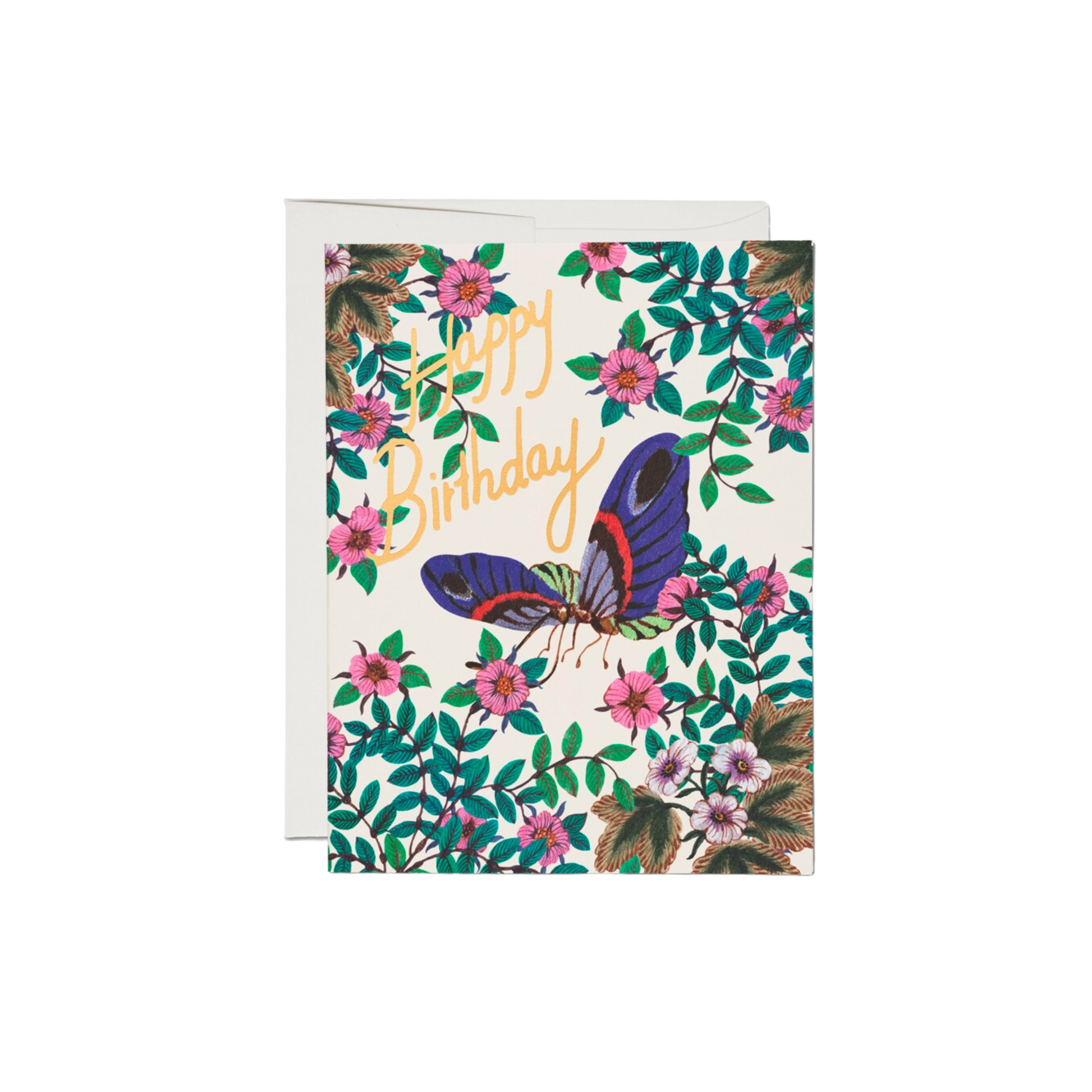 Floral illustration with butterfly, says "Happy Birthday"