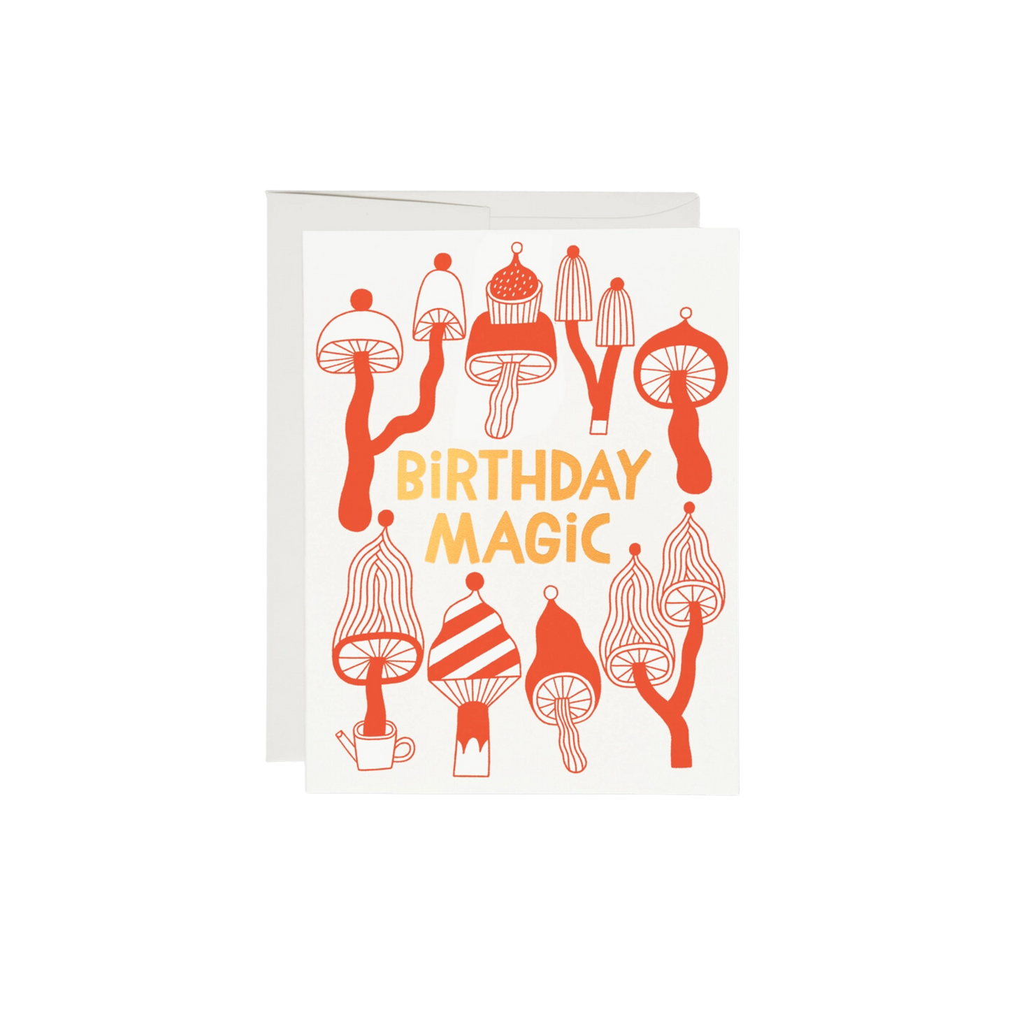 Red illustrated mushrooms with gold text reading "Birthday Magic"..This 5.5 x 4.25 inch Birthday Card is printed on 100lb heavyweight card stock, with illustrations by Anke Weckmann. It is offset printed and foil stamped, and is blank inside. This product is made in the USA using recycled paper.