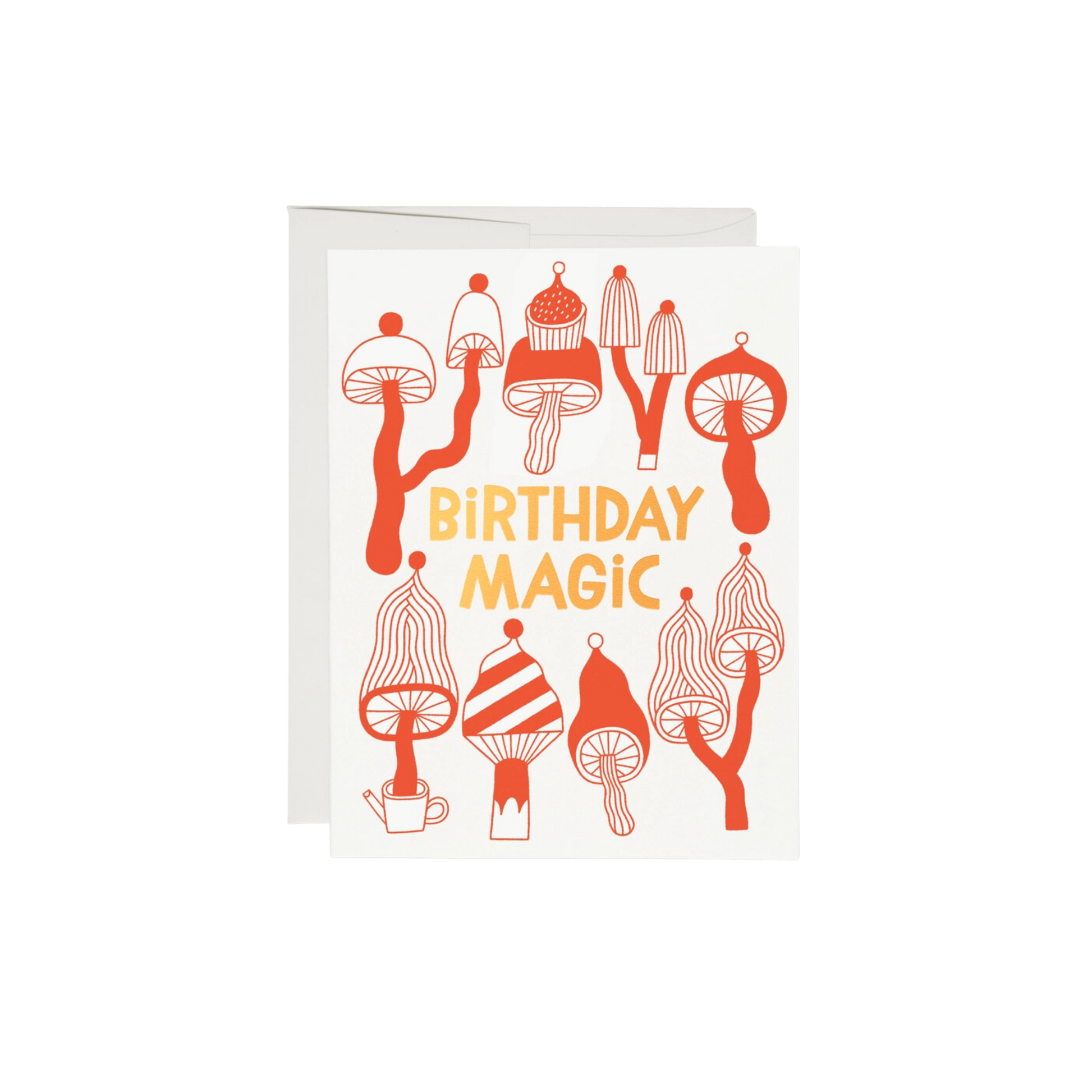 Red illustrated mushrooms with gold text reading "Birthday Magic"..This 5.5 x 4.25 inch Birthday Card is printed on 100lb heavyweight card stock, with illustrations by Anke Weckmann. It is offset printed and foil stamped, and is blank inside. This product is made in the USA using recycled paper.