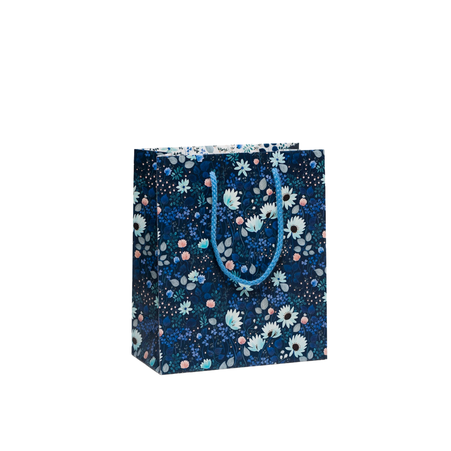 Floral print on black background, blue rope handle.A Small Size Northern Currants Gift Bag measures 8x4x9.5 inches, constructed from heavyweight coated paper and equipped with a cotton rope handle. The bag is illustrated by Anna Emilia Laitinen.