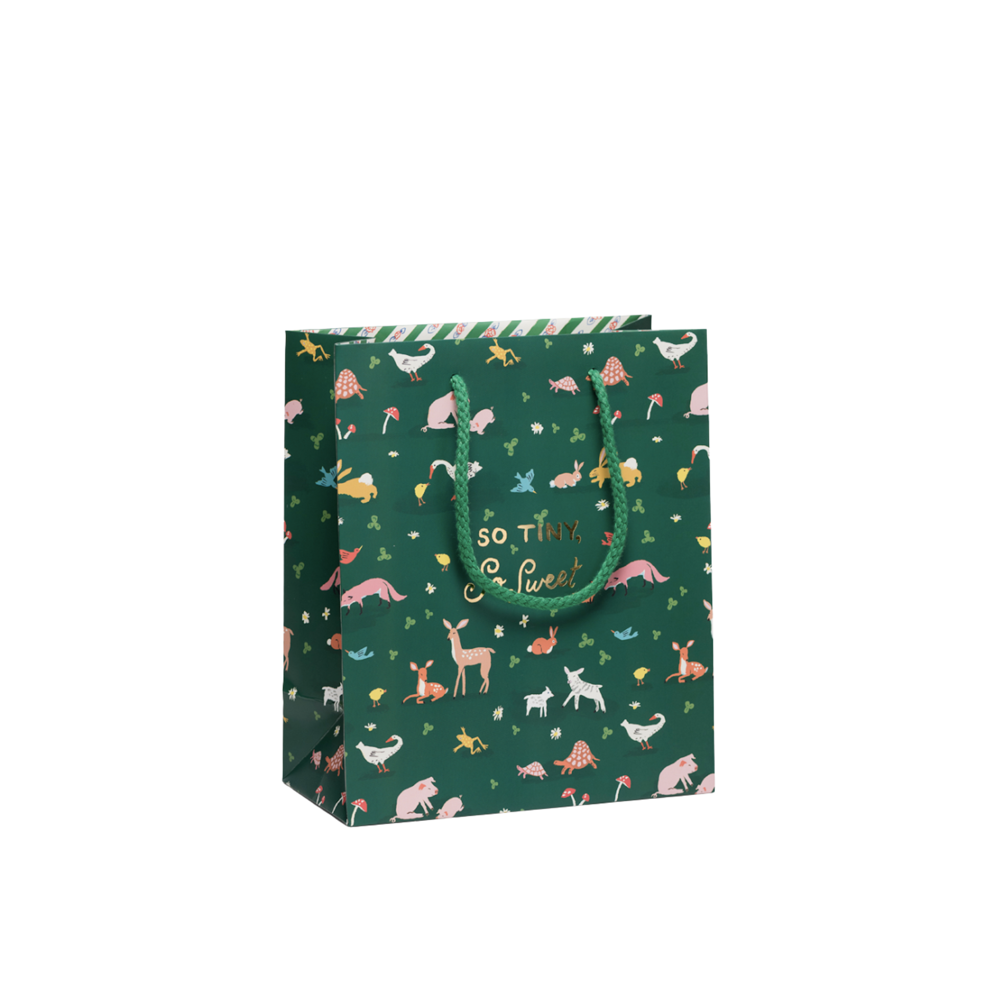 Assorted animals on green background with green rope, gold text reading "So Tiny, So Sweet". "So Tiny, So Sweet" foil   Small Size – 8 x 4 x 9.5 in  Heavyweight Coated Paper  Cotton Rope Handle  Illustrated by Danielle Kroll
