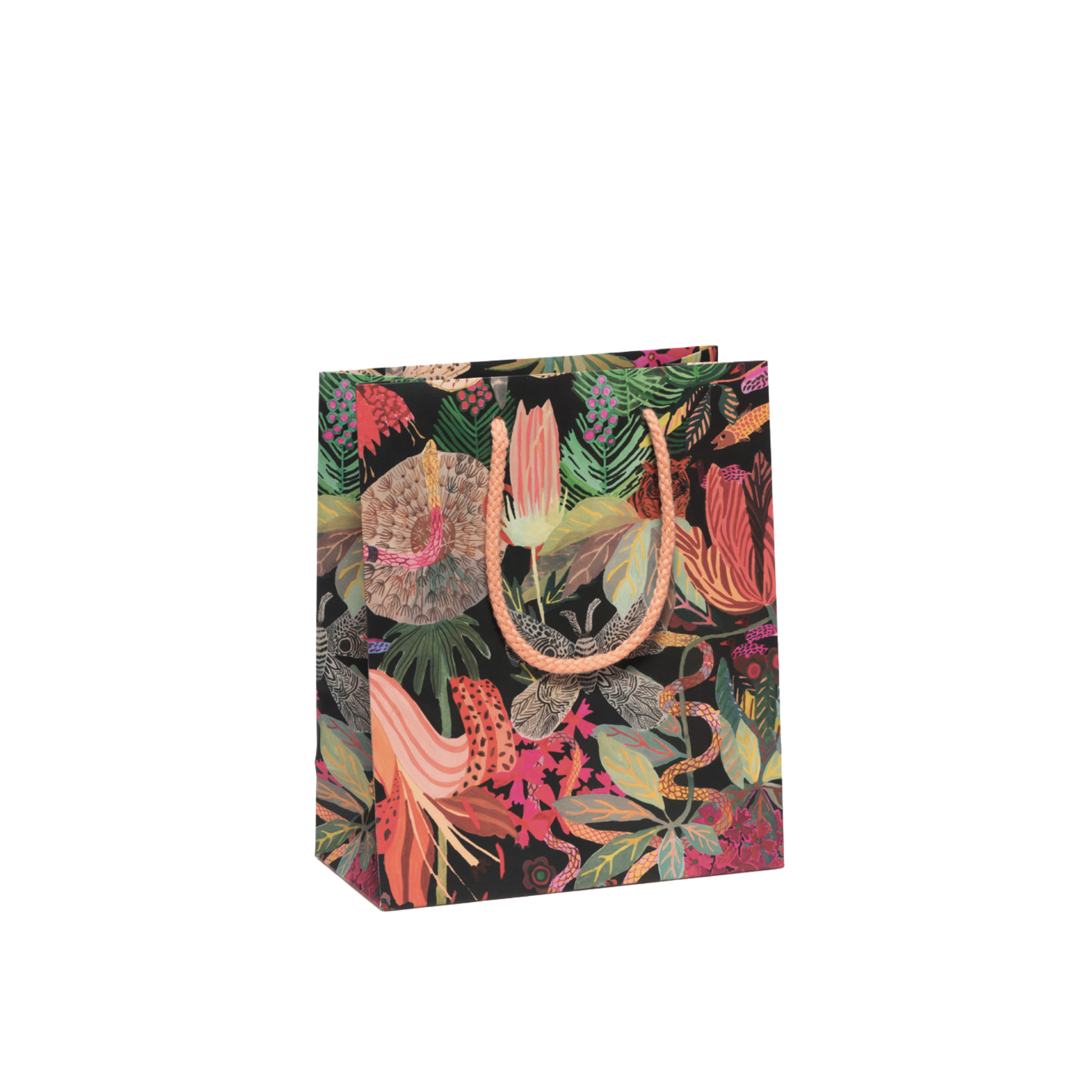 Multicolor floral print on black background with orange rope handles. Measuring 8"x4"x9.5", this Wild Kingdom Gift Bag is crafted from heavyweight coated paper, complete with a cotton rope handle and featuring charming illustrations by Michelle Morin.