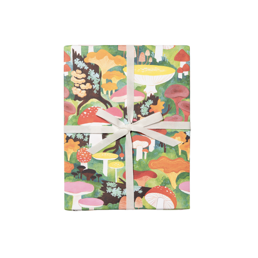 Colorful mushroom illustration. Sheet - Single (1) 19 x 27 inch sheet   Roll - Three (3) 19 x 27 inch sheets of flat wrap, rolled and sealed together.   Illustrated by Kelsey Garrity Riley.