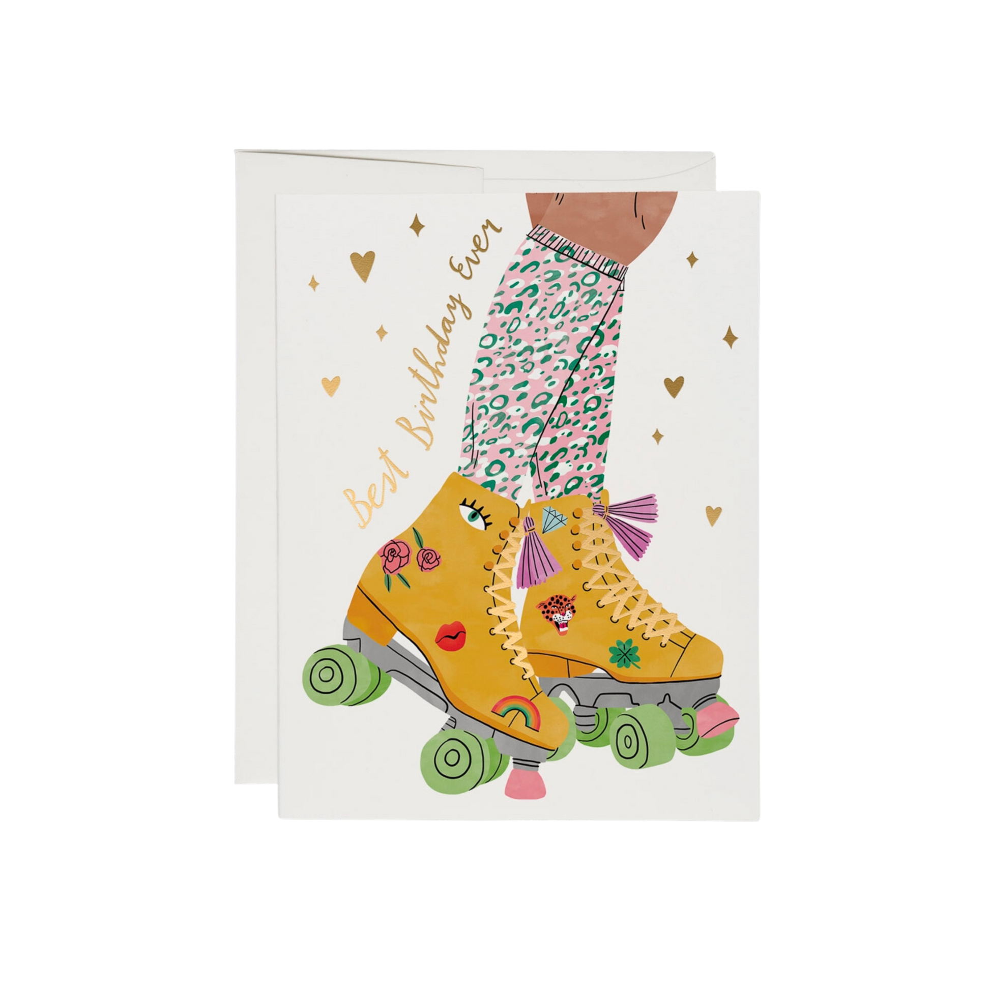 Illustrated yellow rollerskates with pink and teal cheetah print socks, gold text says "Best Birthday Ever". This Roller Skate Birthday Card features 100lb heavyweight card stock, offset printing, and foil stamping. At 5.5 x 4.25 inches, illustrated by Bodil Jane, it is printed in the USA using recycled paper and is blank inside.