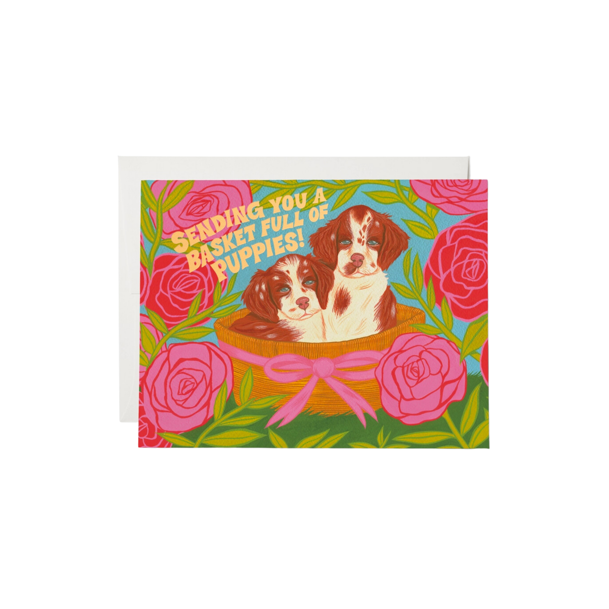 Illustration of a basket of puppies with flowers in the background and text that reads "sending you a basket full of puppies" 