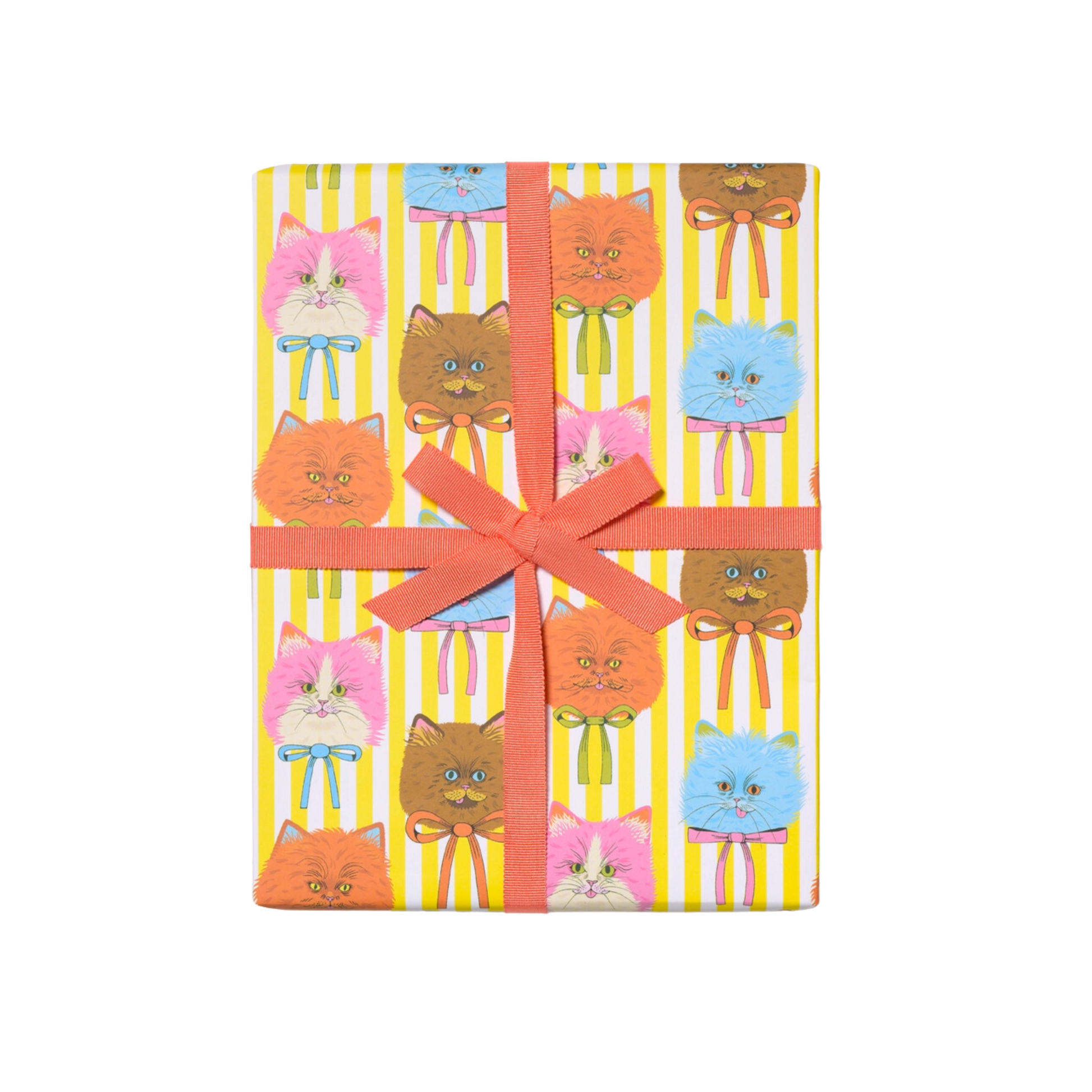 Cat face Illustrations on white and yellow striped background. Three (3) 19 x 27 inch sheets of flat wrap, rolled and sealed together. Illustrated by Krista Perry. Printed in USA, on recycled paper.