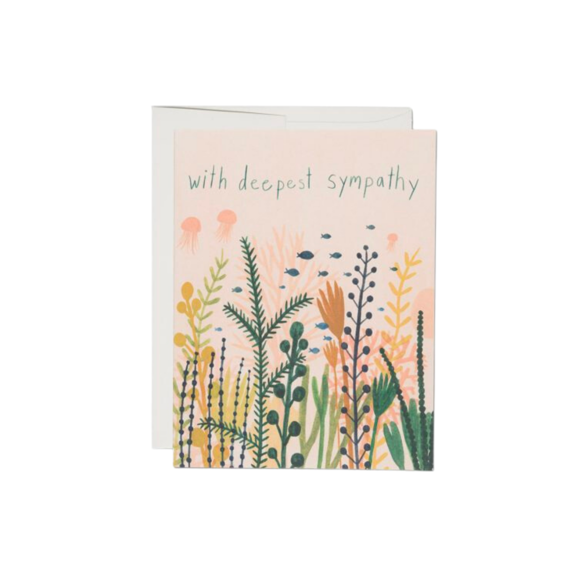 Floral design on pink background with text reading "With Deepest Sympathy". This card is printed on 100lb heavyweight card stock and measures 4.25 x 5.5 inches. Illustrated by Kate Pugsley, each card is offset printed in the USA on recycled paper. It's blank inside for you to craft your own words.