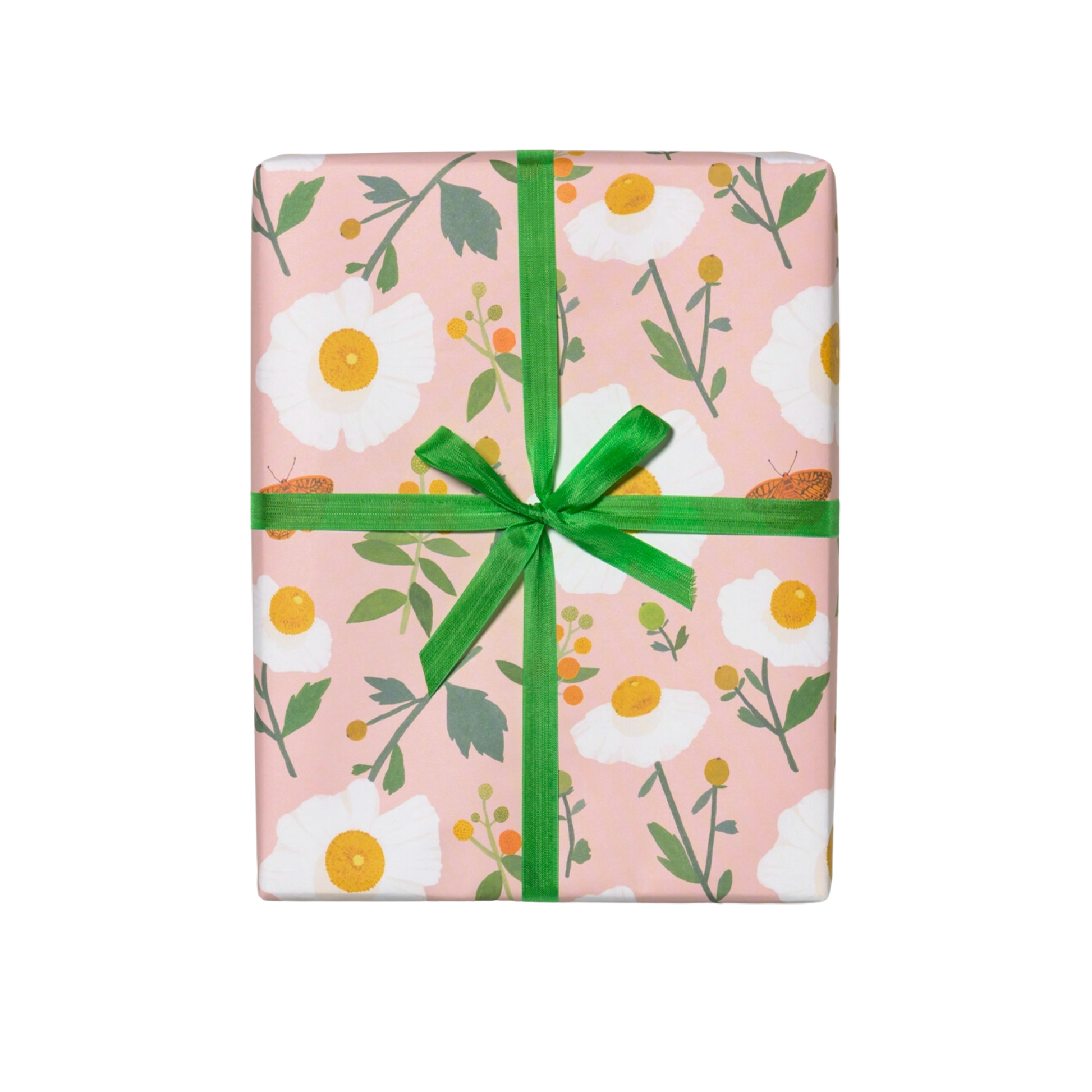 White flowers with green stems on a pink background. Sheet - Single (1) 19 x 27 inch sheet   Roll - Three (3) 19 x 27 inch sheets of flat wrap, rolled and sealed together.   Illustrated by Kate Pugsley. Printed in USA, on recycled paper.