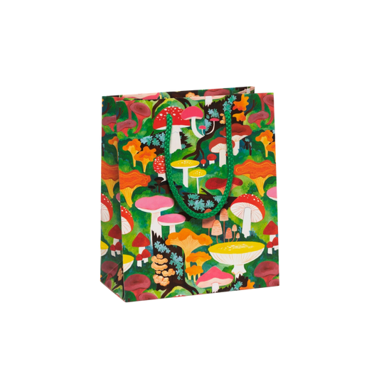 Colorful mushroom illustration with green rope handle.  Compact Size - 8 x 4 x 9.5" Heavyweight Coated Paperholds with Cotton Rope Handle Artwork by Kelsey Garrity Riley