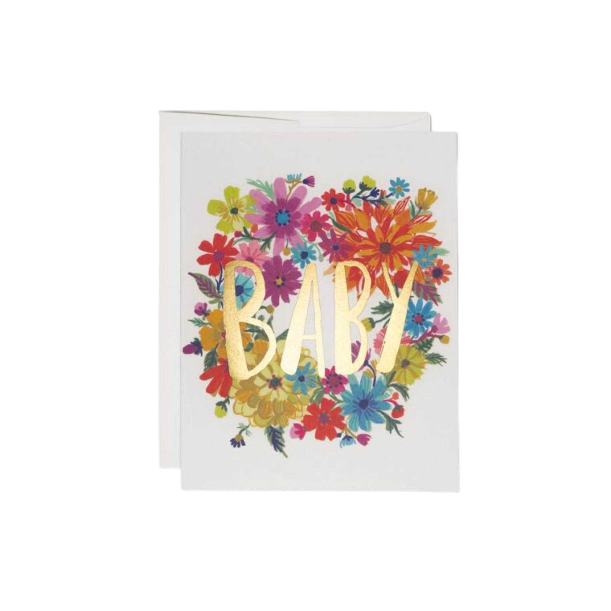 Greeting Card with Envelope. Front of card says Baby in gold with a color floral wreath in the background