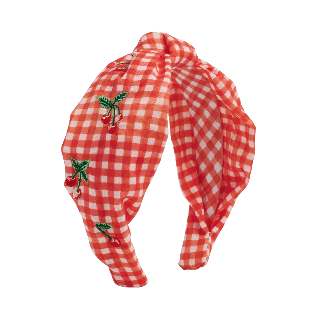 Gingham Cherries Knotted Embroidered Headband