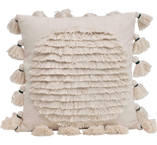 20" Square Cotton Embroidered Pillow w/ Fringe & Tassels, Natural