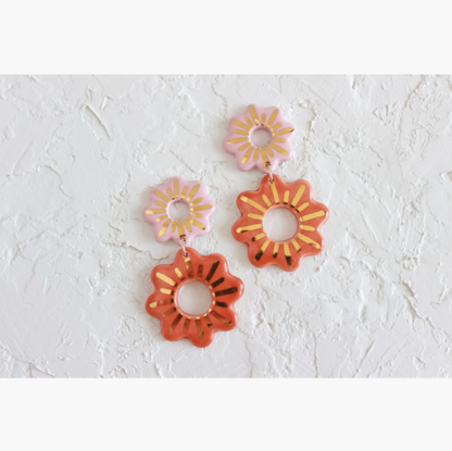 Gold Cutout Flower Ceramic Statement Earrings - Pink/Burnt Orange