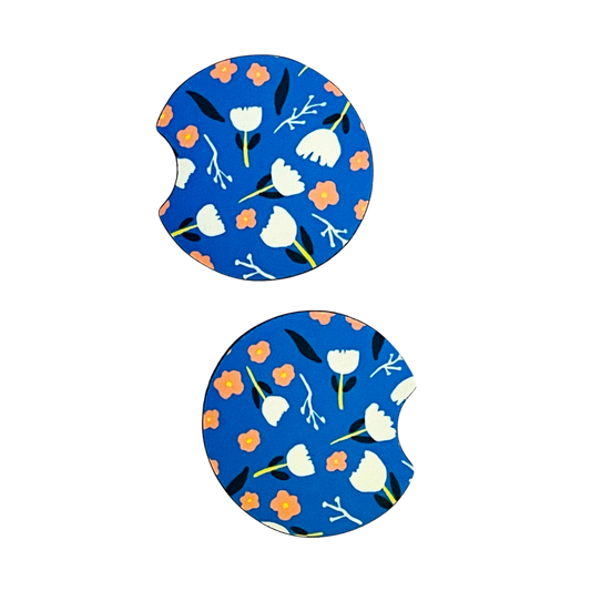 2 Car Coasters, Blue Scandinavian Floral Design
