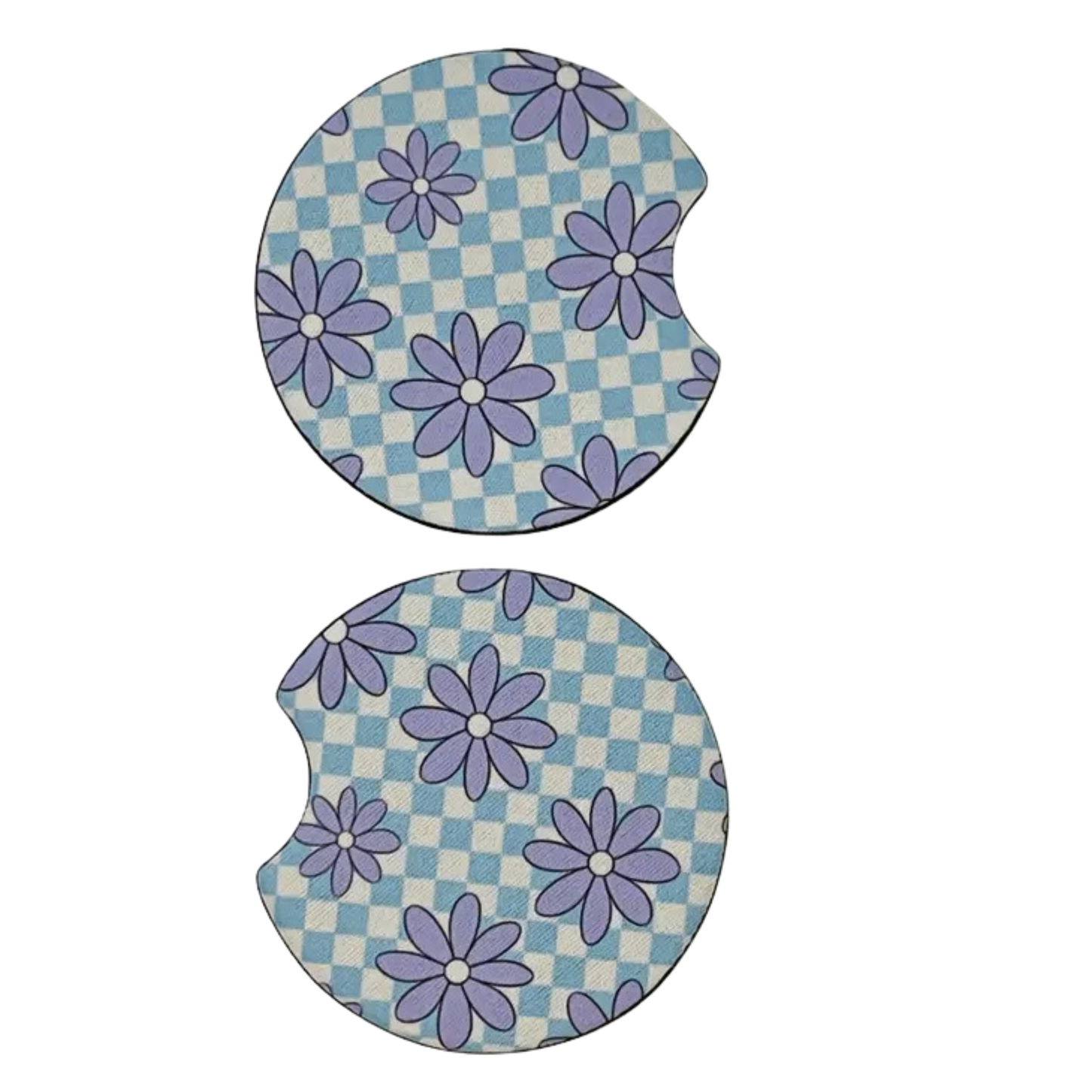 2 Car Coasters, Blue Check & Lavender Floral Design