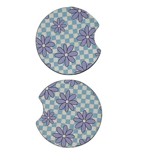2 Car Coasters, Blue Check & Lavender Floral Design