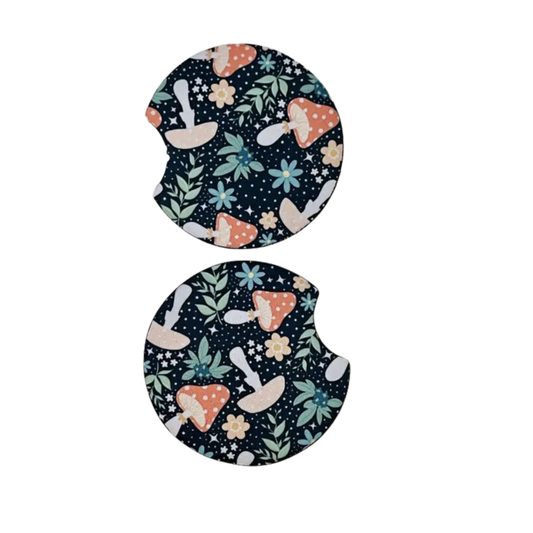 2 Car Coasters, Dark Cottagecore Mushroom Design