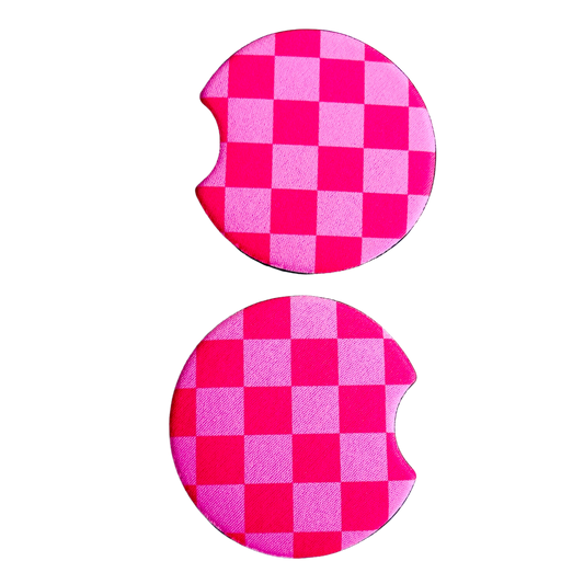2 Car Coasters, Pink Checkerboard Design