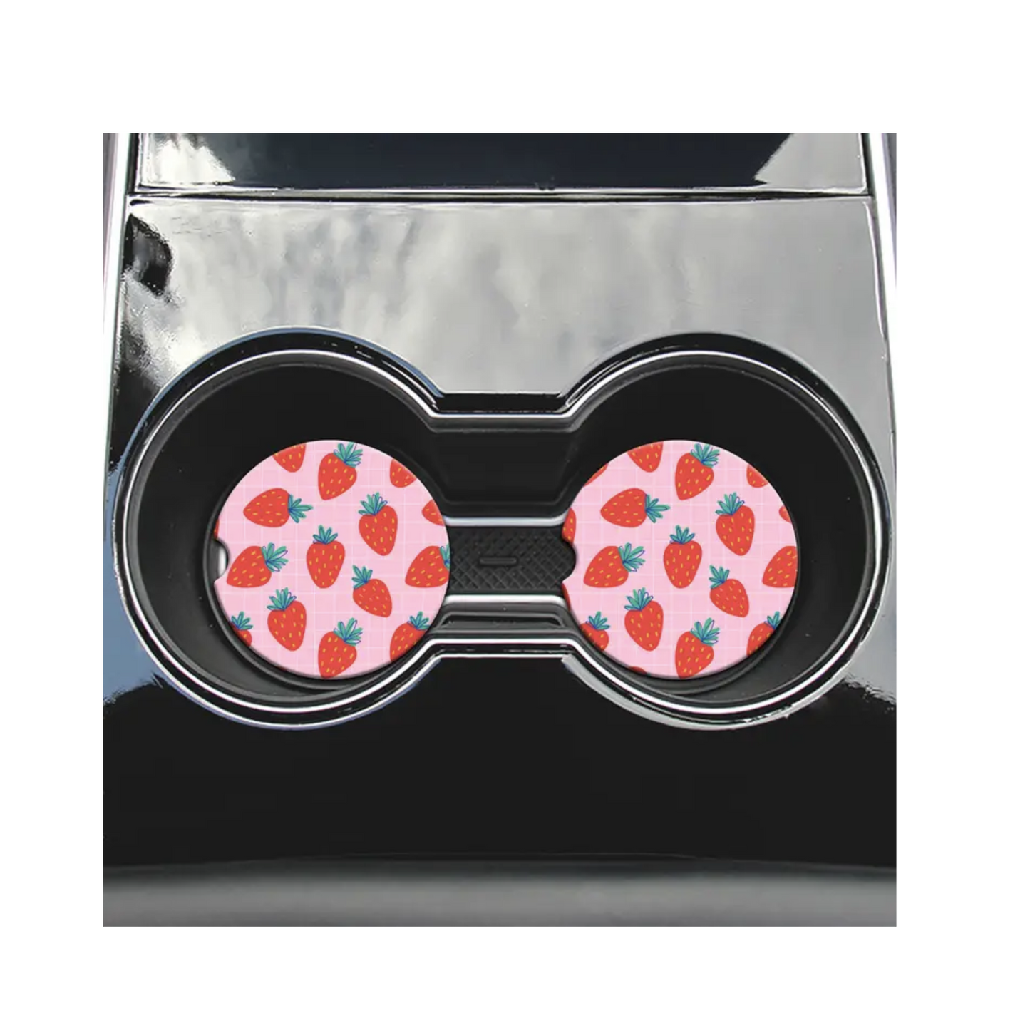 2 Car Coasters, Pink Grid Strawberry Design