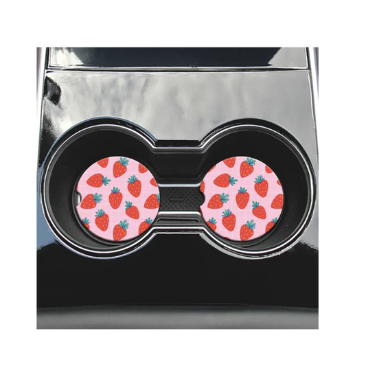 2 Car Coasters, Pink Grid Strawberry Design