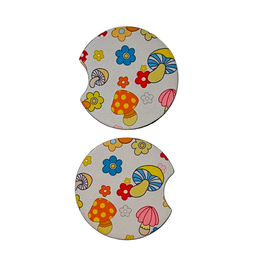 2 Car Coasters, 70s Creamy Shroom Design