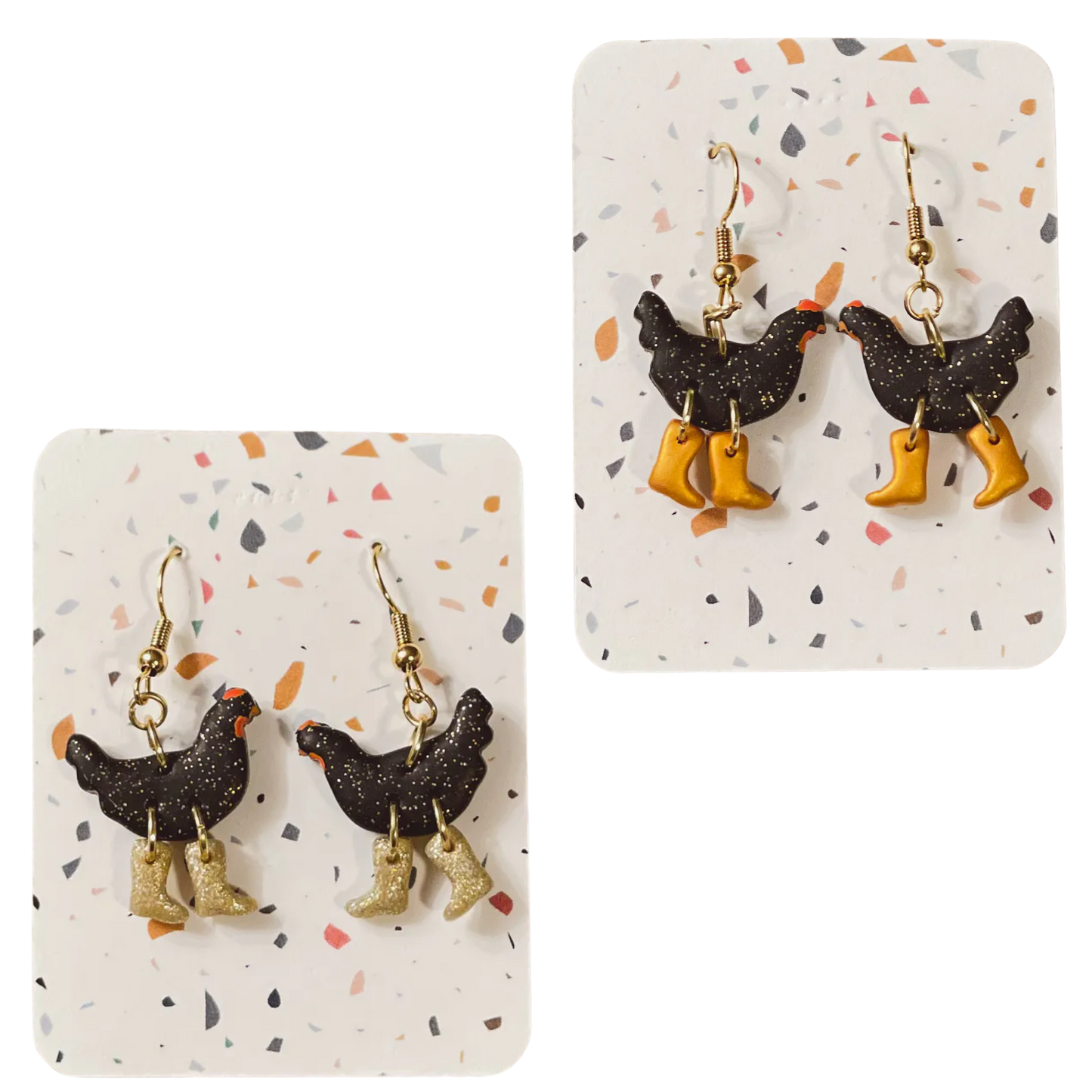 Black Sparkle Chickens with Boots Earrings