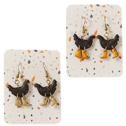 Black Sparkle Chickens with Boots Earrings