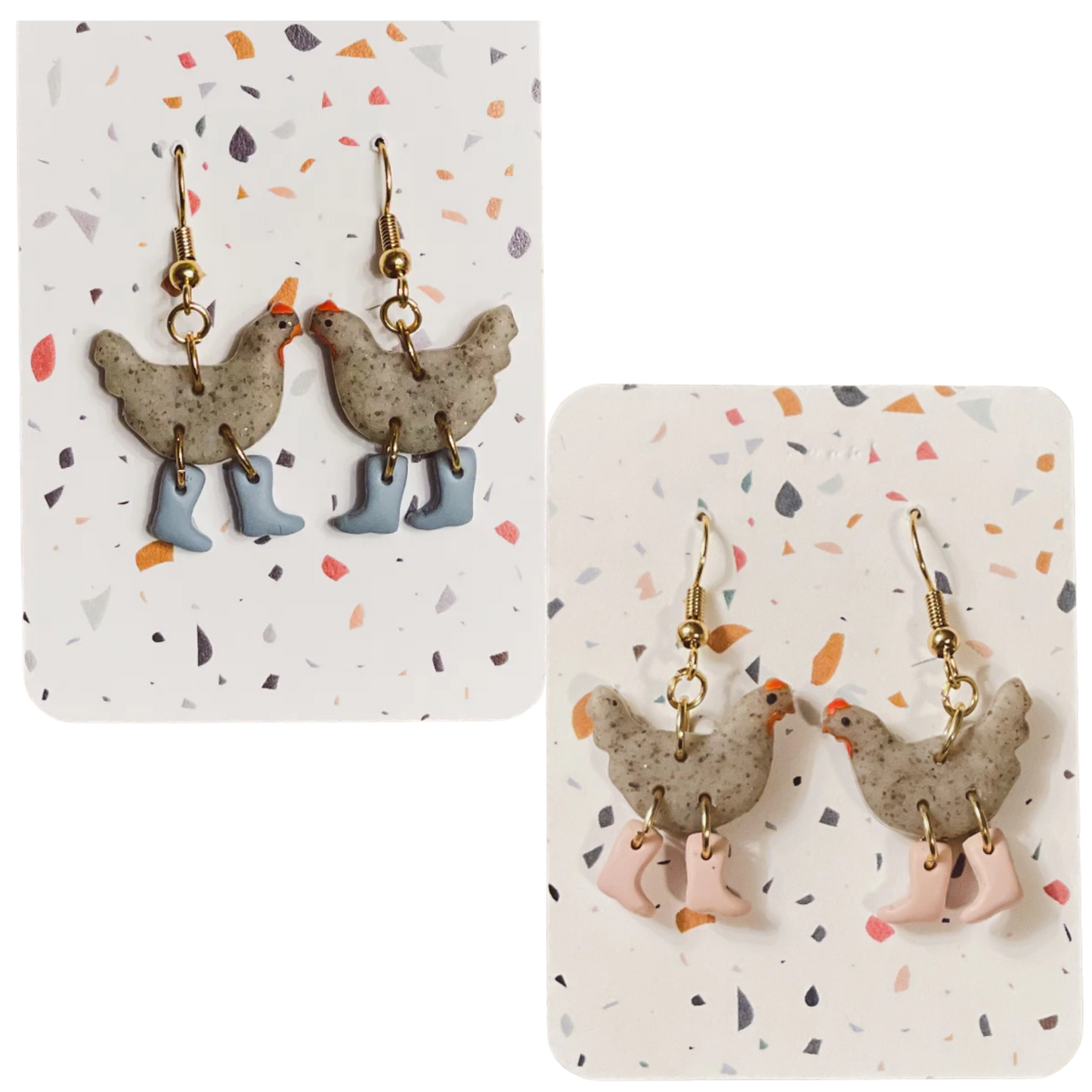 Grey Speckle Chickens with Boots Earrings