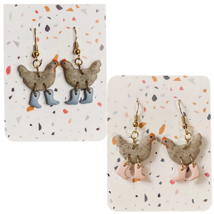 Grey Speckle Chickens with Boots Earrings