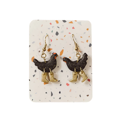 Black Sparkle Chickens with Boots Earrings