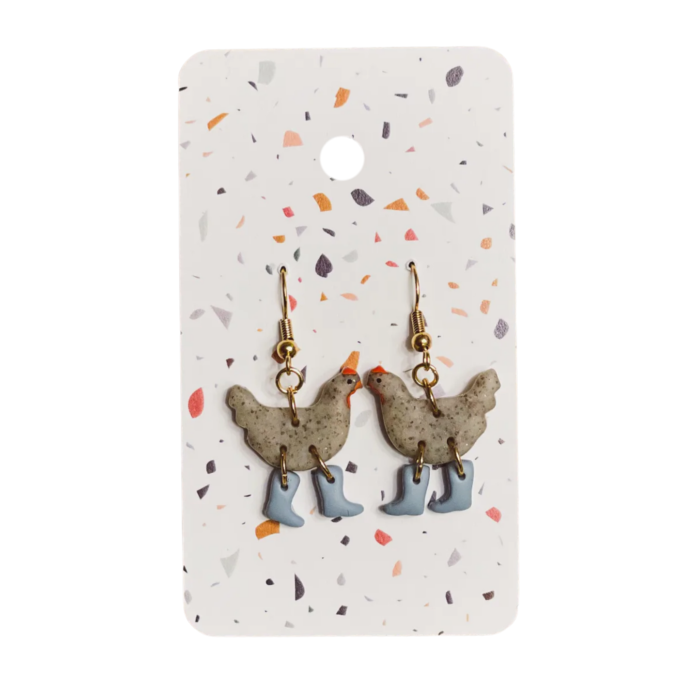 Grey Speckle Chickens with Boots Earrings