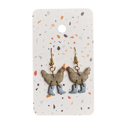 Grey Speckle Chickens with Boots Earrings