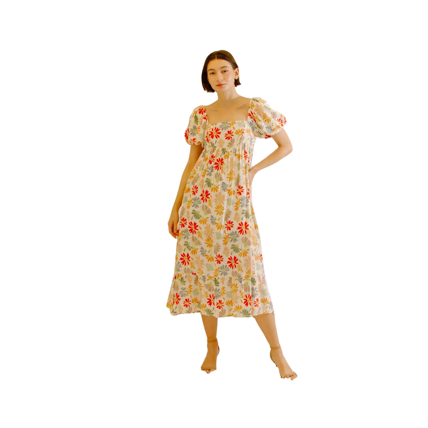 Multi Color Daisies Baby Doll Midi Dress