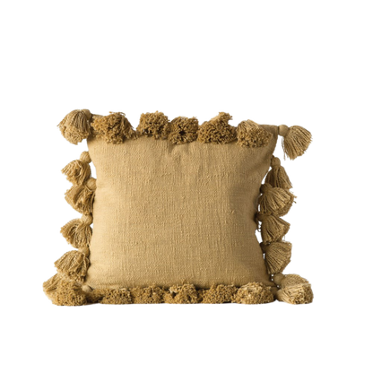 Mustard Square Cotton Throw Pillow with Tassels