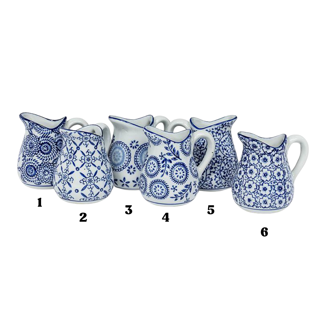 Blue and White Handled Pitcher