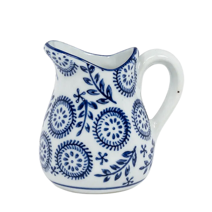 Blue and White Handled Pitcher