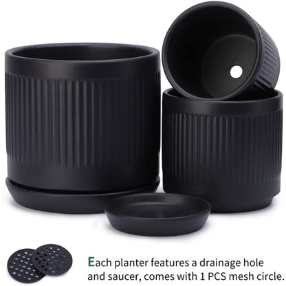 Matte Black Fluted Cylinder Ceramic Plant Pots