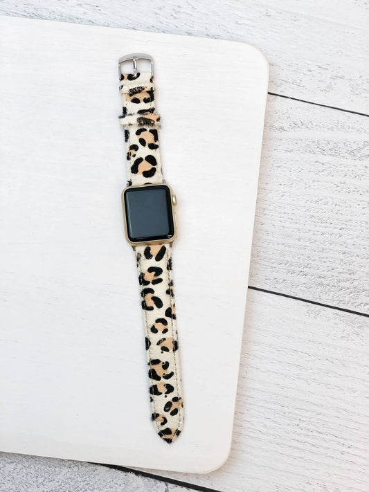 White Leopard Textured Leather Smart Watch Band