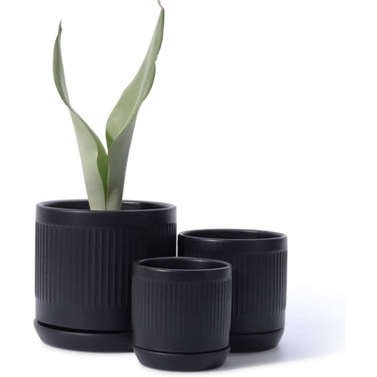 Matte Black Fluted Cylinder Ceramic Plant Pots